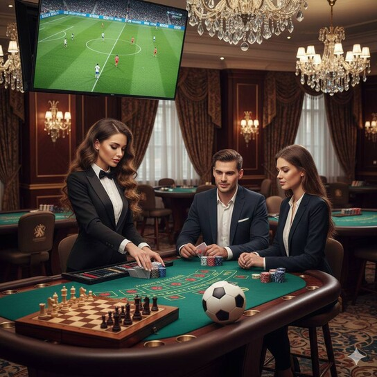 Luxurious casino chips, dice, and cards on a dark velvet background